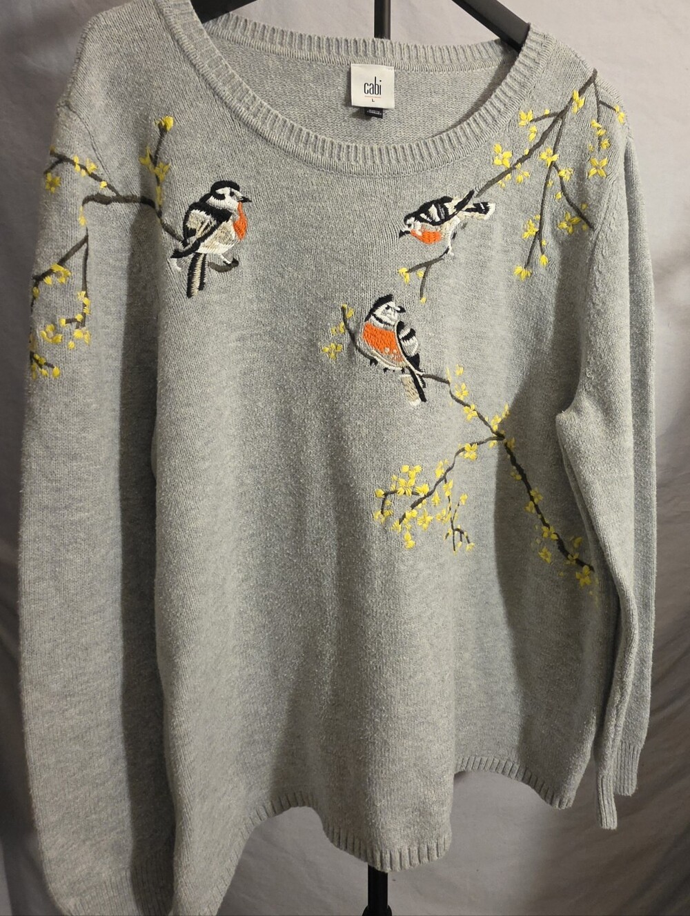 NWOT Cabi Songbird Embroidered Floral Pullover Sweater Gray 4482 Size L